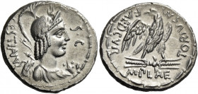 M. Plaetorius M.f. Caestianus. Denarius 67, AR 3.90 g. Bust r. with the attributes of Isis, Minerva, Apollo, Diana and Victory; before, cornucopia and...