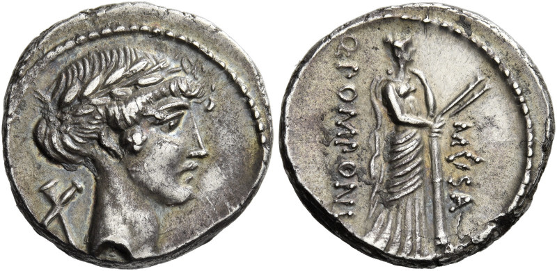 Q. Pomponius Musa. Denarius 66, AR 3.78 g. Laureate head of Apollo r.; behind, t...