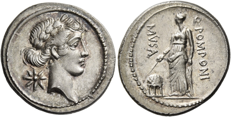 Q. Pomponius Musa. Denarius 66, AR 3.89 g. Laureate head of Apollo r.; behind, s...