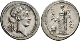 Q. Pomponius Musa. Denarius 66, AR 3.89 g. Laureate head of Apollo r.; behind, star. Rev. Q·POMPONI – MVSA Urania standing l., holding rod which she p...