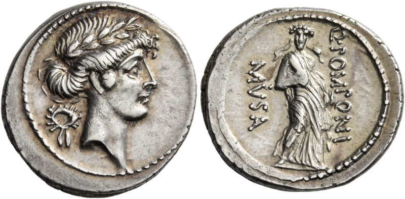Q. Pomponius Musa. Denarius 66, AR 4.14 g. Laureate head of Apollo r.; behind, w...