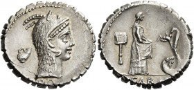 L. Roscius Fabatus. Denarius serratus 64, AR 3.94 g. Head of Juno Sospita r, wearing goat's skin headdress, behind, wine jar and below neck truncation...