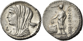 L. Cassius Longinus. Denarius 63, AR 3.99 g. Diademed and veiled head of Vesta l.; below chin, L. In r. field, dish. Rev. LONGIN·III·V Voter standing ...