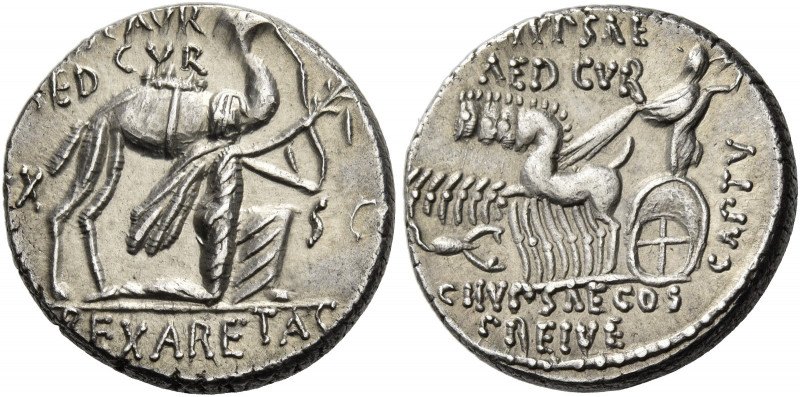 M. Aemilius Scaurus, P. Plautius Hypsaeus. Denarius 58, AR 3.98 g. [M·SC]AVR / A...