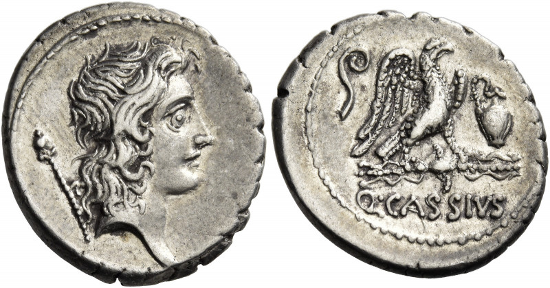 Q. Cassius Longinus. Denarius 55, AR 3.78 g. Head of Genius Populi Romani r.; sc...