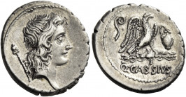 Q. Cassius Longinus. Denarius 55, AR 3.78 g. Head of Genius Populi Romani r.; sceptre over shoulder. Rev. Eagle on thunderbolt r.; in l. field, lituus...