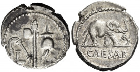C. Iulius Caesar. Denarius, mint moving with Caesar 49-48, AR 3.94 g. Pontifical emblems: culullus, aspergillum, axe and apex. Rev. Elephant r., tramp...