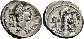 Q. Sicinius and C. Coponius. Denarius, mint moving with Pompeius 49, AR 3.91 g. [Q·S]ICINIVS – III·VIR Head of Apollo r., hair tied with band; below, ...