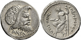 C. Vibius C.f. Cn. Pansa Caetronianus. Denarius 48, AR 3.64 g. Mask of bearded Pan r.; below, PANSA. Rev. C·VIBIVS·C·F·C·N – IOVIS AXVR Jupiter, laure...