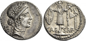 C. Iulius Caesar. Denarius, Illyria (Apollonia?) early to mid 48, AR 3.94 g. Female head r., wearing diadem and oak wreath; behind, TII. Rev. CAE – SA...
