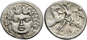 L. Plautius Plancus. Denarius 47, AR 4.05 g. Head of Medusa facing with dishevelled hair; below, L·PLAVTIVS. Rev. Victory facing, holding palm branch ...