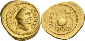 C. Iulius Caesar and A. Hirtius. Aureus 46, AV 8.20 g. C CAESAR – COS TER Veiled head of Vesta r. Rev. A·HIRTIVS·P·R Lituus, jug and axe. Babelon Juli...