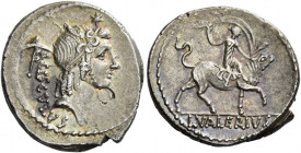 L. Valerius Acisculus. Denarius 45, AR 4.13 g. ACISCVLVS Head of Apollo r., hair tied with band; above, star and behind, acisculus. Rev. Europa seated...