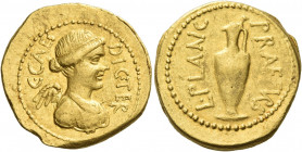 C. Iulius Caesar and L. Munatius Plancus. Aureus 45, AV 8.01 g. C·CAES – DIC·TER Draped bust of Victory r. Rev. L·PLANC – PRAEF·VRB Jug. Babelon Julia...