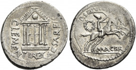 P. Sepullius Macer. Denarius 44, AR 3.77 g. CLEM – ENTIAE – CAESAREIS Tetrastyle temple. Rev. P·SEPVLLIVS – MACER Desultor galloping r., holding whip ...