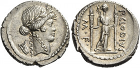 P. Clodius M. f. Turinus. Denarius 42, AR 3.87 g. Laureate head of Apollo r.; behind, lyre. Rev. P.CLODIVS – ·M·F Diana standing facing, with bow and ...