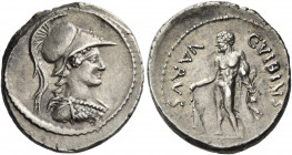 C. Vibius Varus. Denarius 42, AR 3.83 g. Helmeted bust of Minerva r., wearing aegis. Rev. Hercules standing l., holding club and lion's-skin; in r. fi...