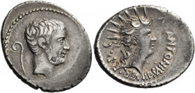 Marcus Antonius. Denarius, Castrensis moneta in Greece (?) 42, AR 3.97 g. [IMP] Head of M. Antonius r. with light beard; behind, lituus. Rev. M ANTONI...