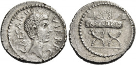 C. Caesar Octavianus. Denarius, mint moving with Octavian 42, AR 3.93 g. CAESAR·III·VIR – R·P·C Bare head of Octavian r. with light beard. Rev. Curule...
