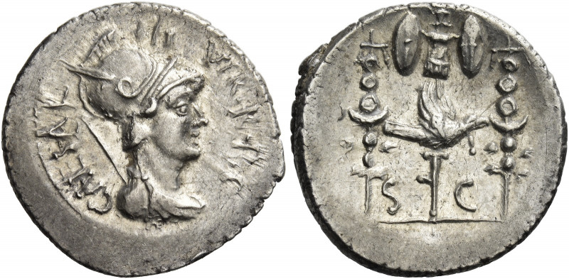 C. Caesar Octavianus. Denarius, mint moving with Octavian 42, AR 3.64 g. Helmete...