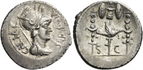 C. Caesar Octavianus. Denarius, mint moving with Octavian 42, AR 3.64 g. Helmeted and draped bust of Mars r., holding spear; behind, CAESAR; before, I...