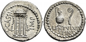 C. Cassius and Lentulus Spint. Denarius, mint moving with Brutus and Cassius 43-42, AR 3.81 g. C·CASSI – IMP Tripod with cortina, decorated with two l...