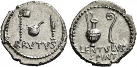 Q. Caepio Brutus and Lentulus Spint. Denarius, mint moving with Brutus and Cassius 43-42, AR 3.91 g. BRVTVS Axe, culullus and knife Rev. Jug and lituu...
