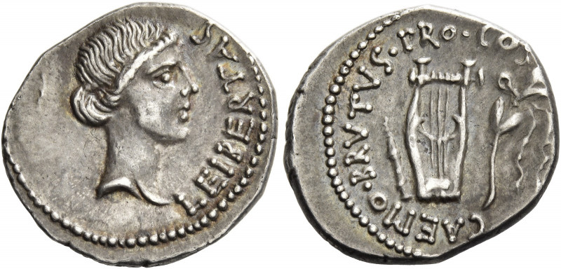 Q. Caepio Brutus. Denarius, mint moving with Brutus 43-42, AR 3.62 g. LEIBERTAS ...