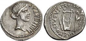 Q. Caepio Brutus. Denarius, mint moving with Brutus 43-42, AR 3.62 g. LEIBERTAS Head of Libertas r . Rev. CAEPIO·BRVTVS·PRO·COS Plectrum, lyre and lau...