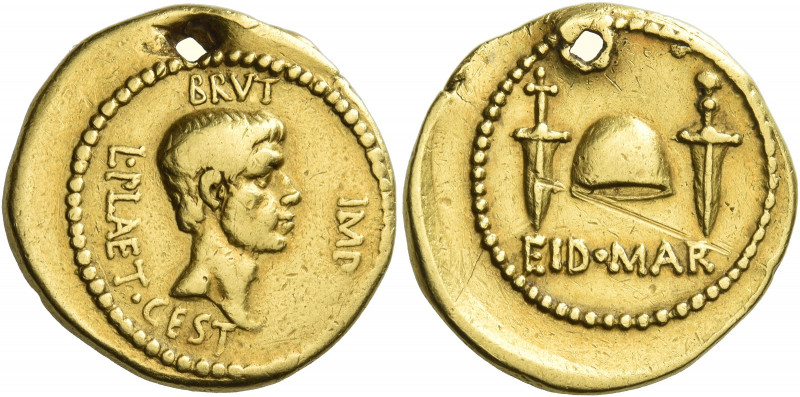 M. Junius Brutus with L. Plaetorius Caestianus. Aureus, mint moving with Brutus ...