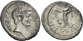 Marcus Antonius. Denarius, mint moving with M. Antonius 41, AR 3.94 g. ANT – AVG IMP – III V R P C Head of M. Antonius r. Rev. Fortuna standing l., ho...