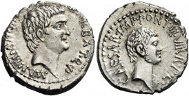 Marcus Antonius and C. Caesar Octavianus with M. Barbatius. Denarius, mint moving with M. Antonius 41, AR 3.93 g. M·ANT·IMP·AVG·[III·VIR·R·P·C·M] BARB...