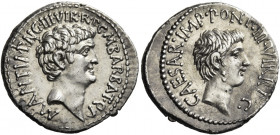 Marcus Antonius and C. Caesar Octavianus with M. Barbatius. Denarius, mint moving with M. Antonius 41, AR 3.68 g. M·ANT·IMP·AVG·III·VIR·R·P·C·M BARBAT...