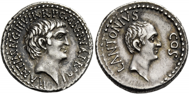 Marcus Antonius, Lucius Antonius with L. Cocceius Nerva. Denarius, mint moving w...