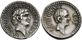 Marcus Antonius, Lucius Antonius with L. Cocceius Nerva. Denarius, mint moving with M. Antonius 41, AR 3.73 g. M·ANT·IMP·AVG III VIR·R·P·C·M NERVA PRO...