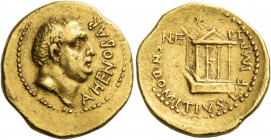 Cn. Domitius Ahenobarbus. Aureus, mint moving with Ahenobarbus in 41 BC, AV 8.00 g. AHENOBAR Bare male head (Ahenobarbus?) r. Rev. CN·DOMITIVS·L·F IMP...