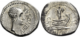Cn. Domitius Ahenobarbus. Denarius, mint moving with Ahenobarbus in 41, AR 3.95 g. AHENOBAR Male head r., slightly bearded. Rev. CN·DOMITIVS IMP Troph...