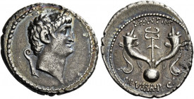 M. Antonius. Denarius mint moving with M. Antonius in 40, AR 3.74 g. Bare head r.; behind, lituus. Rev. M·ANT·IMP Caduceus between two cornucopiae set...