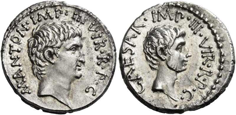 Octavianus and Marcus Antonius. Denarius, mint moving with Octavian 39, AR 4.09 ...