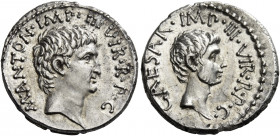 Octavianus and Marcus Antonius. Denarius, mint moving with Octavian 39, AR 4.09 g. M·ANTON·IMP·III·VIR·R·P C Head of M. Antonius r. Rev. CAESAR·IMP·II...