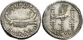 Marcus Antonius. Denarius, mint moving with M. Antonius 32-31, AR 3.74 g. ANT AVG – III·VIR·R·P·C Galley r., with sceptre tied with fillet on prow. Re...