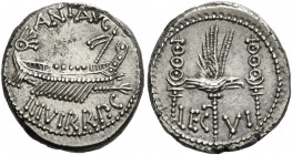 Marcus Antonius. Denarius, mint moving with M. Antonius 32-31, AR 3.90 g. ANT AVG – III·VIR·R·P·C Galley r., with sceptre tied with fillet on prow. Re...