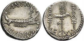 Marcus Antonius. Denarius, mint moving with M. Antonius 32-31, AR 3.65 g. ANT AVG – III·VIR·R·P·C Galley r., with sceptre tied with fillet on prow. Re...