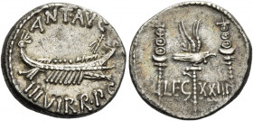 Marcus Antonius. Denarius, mint moving with M. Antonius 32-31, AR 3.40 g. ANT AVG – III·VIR·R·P·C Galley r., with sceptre tied with fillet on prow. Re...