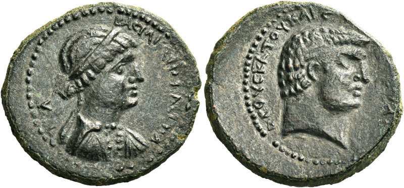 Marcus Antonius and Cleopatra. Bronze, Chalcis Syriae 32-31, Æ 8.66 g. BACIΛICCH...