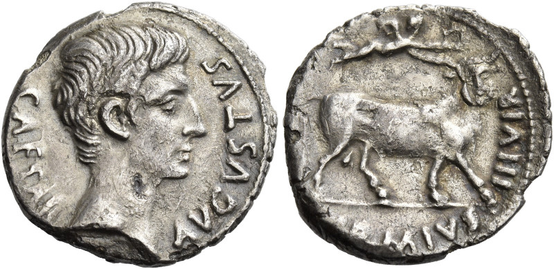 Octavian as Augustus, 27 BC – 14 AD 
M. Durmius. Denarius circa 19-18 BC, AR 3....