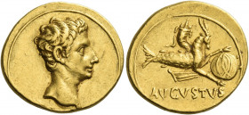 Octavian as Augustus, 27 BC – 14 AD
Aureus, Colonia Patricia circa 18-16 BC, AV 7.90 g. Bare head r. Rev. AVGVSTVS Capricorn r., holding globe attach...