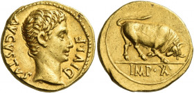 Octavian as Augustus, 27 BC – 14 AD
Aureus, Lugdunum 15-13 BC, AV 7.86 g. AVGVSTVS – DIVI F Bare head r. Rev. Bull butting r.; in exergue, IMP X. C 1...
