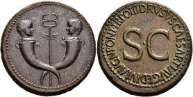 In the name of Nero and Drusus caesares, sons of Germanicus 
Sestertius circa 22-23, Æ 28.32 g. Confronted heads of two little boys on crossed cornuc...