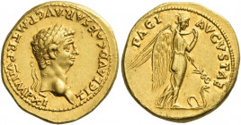 Claudius augustus, 41 – 54
Aureus circa 46-47, AV 7.72 g. TI CLAVD CAESAR AVG P M TR P VI IMP XI Laureate head r. Rev. PACI – AVGVSTAE Pax-Nemesis ad...